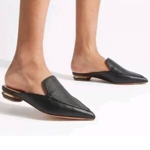 $495~Nicholas Kirkwood~Beya Black Leather Pointed Toe Flats~Mule~Slides~38/7.5/8